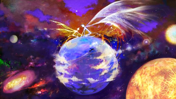 Anime picture 1512x852 with weda (artist) wide image cloud (clouds) space girl boy wings heart star (stars) fire planet aircraft airplane galaxy