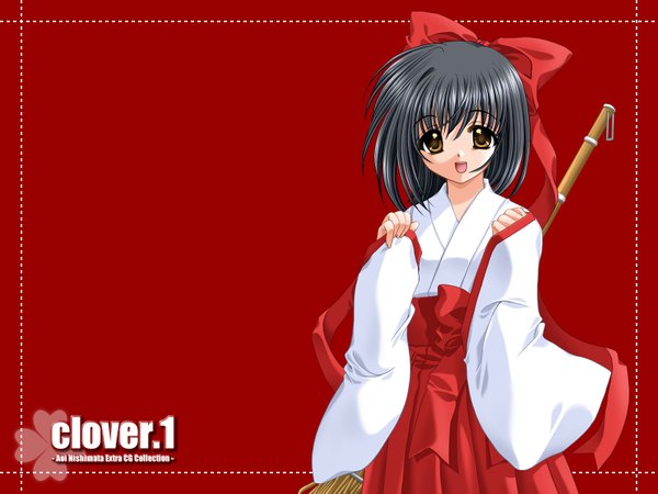 Anime picture 1600x1200 with nishimata aoi japanese clothes miko red background clover (plant)
