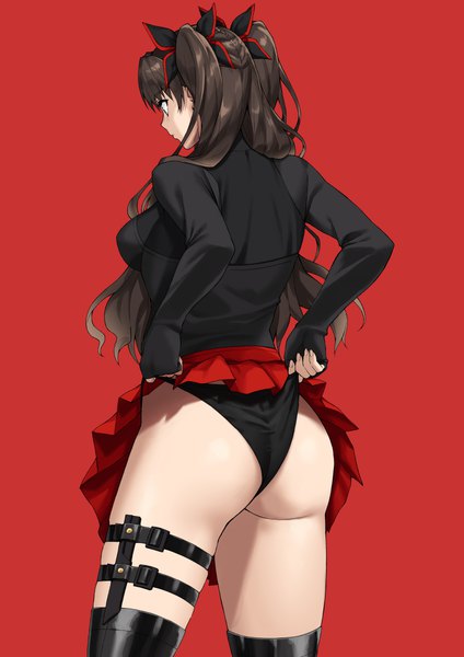 Anime picture 794x1123 with fate (series) fate/stay night toosaka rin bnc (bunshi) single long hair tall image fringe breasts blue eyes light erotic simple background brown hair standing looking away ass long sleeves profile pleated skirt from behind
