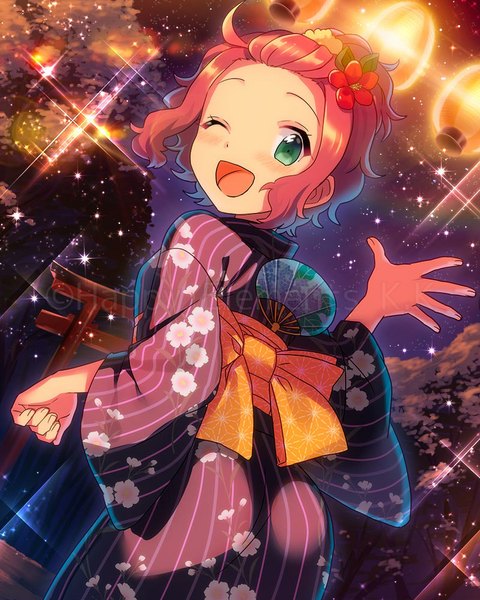 Anime picture 800x1000 with original ensemble girls (artist) single tall image blush short hair open mouth green eyes red hair traditional clothes japanese clothes one eye closed looking back wink girl kimono fan lantern