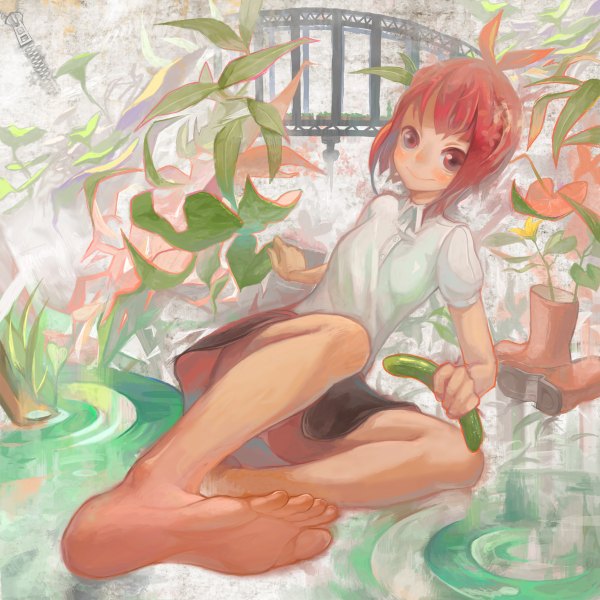 Anime picture 1200x1200 with arakawa under the bridge shaft (studio) p-ko (arakawa) short hair smile red eyes red hair legs reclining girl plant (plants) water bridge