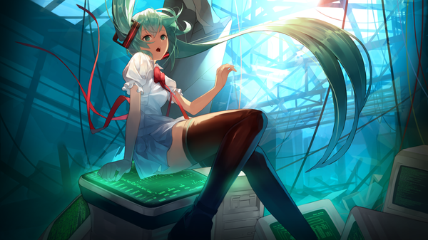 Anime picture 2560x1440 with vocaloid hatsune miku jandy single highres open mouth wide image twintails very long hair aqua eyes aqua hair girl thighhighs dress hair ornament black thighhighs monitor