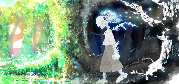 Anime picture 1912x900 with original mononoke (empty) single highres wide image glowing landscape skeleton boy plant (plants) bandage (bandages)