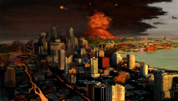 Anime picture 3000x1700 with original pinklace (artist) highres wide image cloud (clouds) city cityscape destruction lava volcano