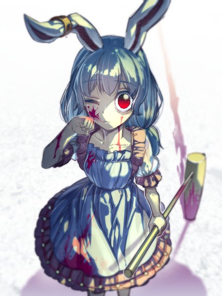 Anime picture 600x800 with touhou seiran (touhou) zounose single long hair tall image looking at viewer red eyes twintails animal ears blue hair from above bunny ears low twintails hand on face blood on face bloody clothes girl dress blood