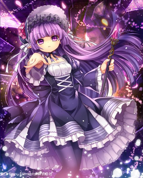 Anime picture 800x1000 with original capura lin single long hair tall image looking at viewer purple eyes purple hair loli girl dress petals frills bonnet staff