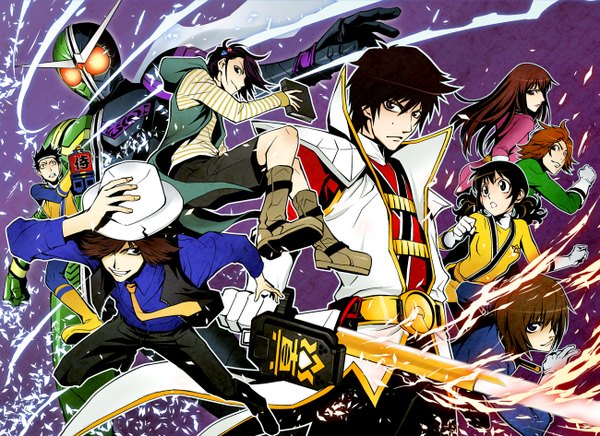 Anime picture 1300x946 with kamen rider samurai sentai shinkenger kamen rider double philip shiba takeru hidari shotaro shiraishi mako tani chiaki ikenami ryuunosuke hanaori kotoha umemori genta long hair fringe short hair black hair brown hair twintails multiple girls brown eyes hair over one eye