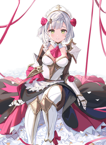 Anime picture 2000x2737 with genshin impact noelle (genshin impact) yu-ri single tall image looking at viewer fringe highres short hair smile sitting green eyes silver hair hair flower girl flower (flowers) ribbon (ribbons) armor rose (roses)
