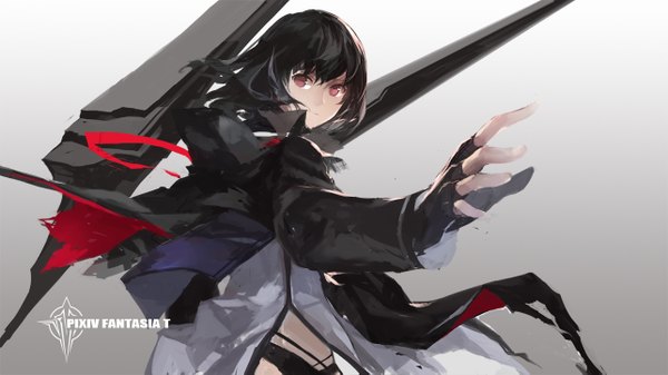 Anime picture 1285x723 with original pixiv fantasia pixiv fantasia t swd3e2 single long hair looking at viewer fringe black hair simple background red eyes wide image standing inscription grey background copyright name outstretched arm girl gloves jacket