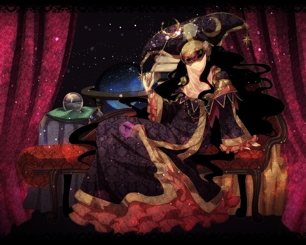 Anime picture 1600x1280 with original pd-x single long hair black hair smile sitting crescent girl star (stars) jewelry ring mask