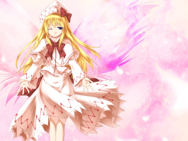 Anime picture 1440x1079 with touhou lily white sakura yuuya single long hair blue eyes blonde hair one eye closed wink outstretched arm girl dress hat wings
