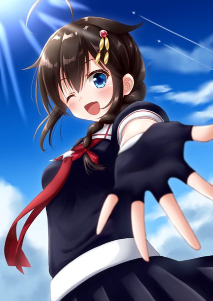 Anime picture 663x933 with kantai collection shigure destroyer hoshino kagari single long hair tall image looking at viewer blush fringe open mouth blue eyes brown hair sky cloud (clouds) ahoge one eye closed wink from below ;d outstretched hand