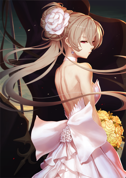 Anime picture 594x840 with azur lane jean bart (azur lane) mitchy1023 single long hair tall image looking at viewer fringe breasts hair between eyes red eyes standing holding sky cloud (clouds) ponytail looking back hair flower wind grey hair