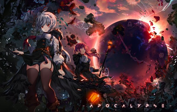 Anime picture 2000x1265 with original black joa long hair looking at viewer fringe highres short hair light erotic red eyes purple eyes twintails multiple girls looking away silver hair red hair inscription destruction girl thighhighs dress