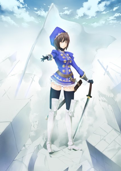 Anime picture 1172x1653 with original ryouku single tall image short hair black hair black eyes girl thighhighs gloves weapon black thighhighs hat sword katana thigh boots flag