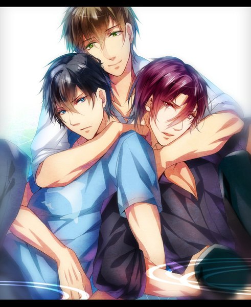 Anime picture 818x1000 with free! kyoto animation matsuoka rin nanase haruka (free!) tachibana makoto hitsuji (pixiv137756) tall image short hair blue eyes black hair simple background brown hair sitting green eyes pink hair purple hair pink eyes light smile multiple boys hug