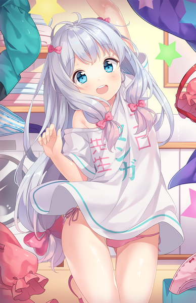 Anime picture 825x1275 with eromanga sensei a-1 pictures izumi sagiri hitsukuya single long hair tall image looking at viewer blush fringe open mouth blue eyes light erotic signed silver hair ahoge bent knee (knees) arm up kneeling happy