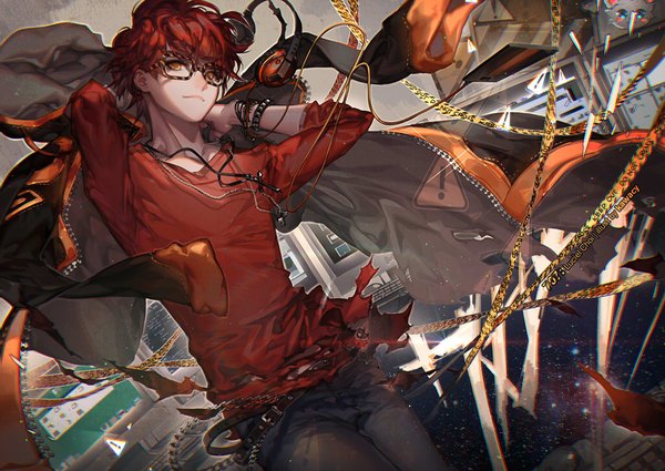 Anime picture 1024x726 with mystic messenger 707 (mystic messenger) kawacy single looking at viewer short hair smile standing brown eyes signed red hair wind arms up sparkle character names torn clothes watermark arms behind head ! boy