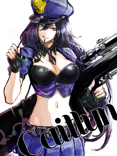 Anime picture 750x1000 with league of legends caitlyn (league of legends) officer caitlyn pizaya single long hair tall image looking at viewer fringe breasts blue eyes light erotic simple background white background purple hair bare belly midriff sunglasses removed girl skirt