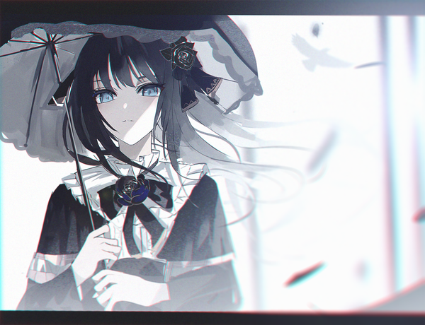 Anime picture 1200x921 with arcaea tairitsu (arcaea) beckzawachi single long hair looking at viewer fringe blue eyes black hair hair between eyes holding depth of field letterboxed anaglyph girl dress hair ornament bow hair bow animal