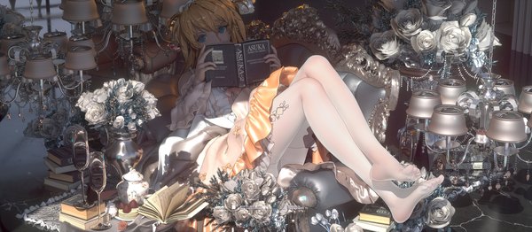 Anime picture 2450x1068 with neon genesis evangelion gainax soryu asuka langley ibara dance single long hair fringe highres blonde hair hair between eyes wide image sitting holding signed bent knee (knees) indoors head tilt no shoes copyright name character names