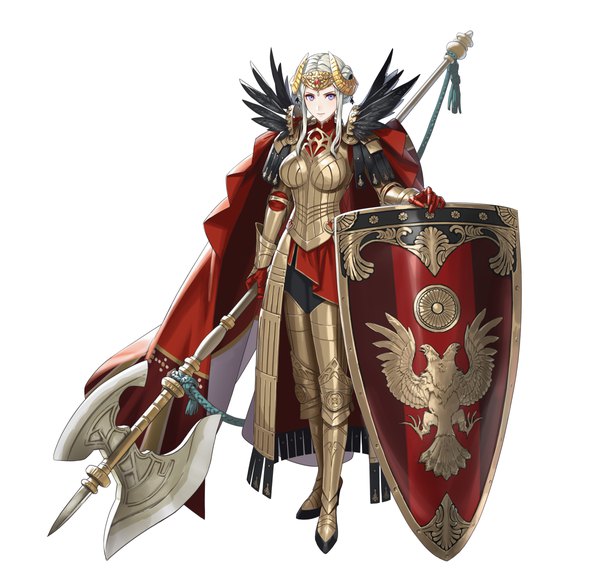 Anime picture 6000x5700 with fire emblem fire emblem: three houses fire emblem heroes nintendo edelgard von hresvelg mismi single looking at viewer highres short hair breasts simple background standing white background purple eyes holding payot absurdres full body white hair