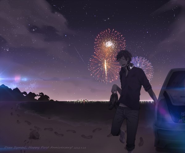 Anime picture 1500x1242 with nico nico singer symag (singer) kaname (cherry0732) short hair black hair smile eyes closed barefoot night night sky beach lens flare twisty sleeves fireworks shooting star footprints boy animal water shoes