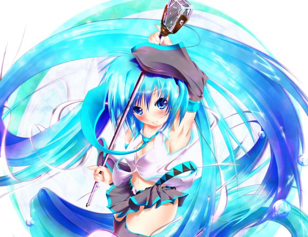 Anime picture 1200x924 with vocaloid hatsune miku nironiro blush light erotic white background very long hair pleated skirt aqua eyes aqua hair armpit (armpits) partially open clothes thick thighs girl thighhighs skirt navel detached sleeves microphone microphone stand