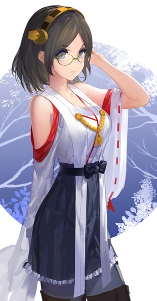 Anime picture 1000x1906 with kantai collection kirishima battleship kinven single tall image fringe short hair blue eyes brown hair standing looking away traditional clothes japanese clothes pleated skirt lips midriff zettai ryouiki adjusting hair miko arm behind back