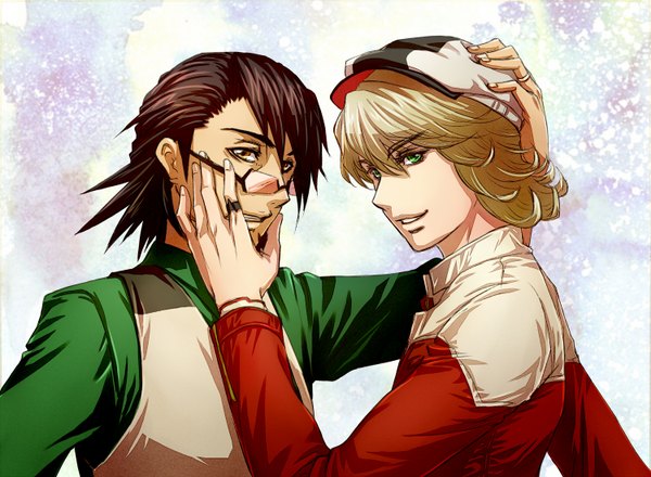 Anime picture 1500x1100 with tiger & bunny sunrise (studio) kaburagi t. kotetsu barnaby brooks jr. v-sil looking at viewer short hair blonde hair smile brown hair green eyes yellow eyes multiple boys hand on head hand on face hand on cheek boy glasses 2 boys ring