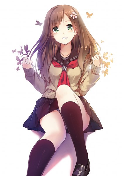 Anime picture 1200x1696 with original aki (caidychen) caidychen single long hair tall image looking at viewer blush light erotic simple background smile brown hair white background sitting green eyes hair flower pantyshot pantyshot sitting girl skirt