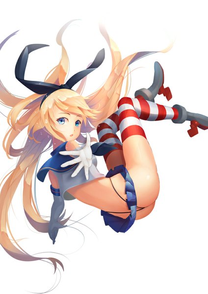 Anime-Bild 707x1000 mit kantai collection shimakaze destroyer yi l chen 5 single tall image open mouth blue eyes light erotic blonde hair white background ass very long hair girl thighhighs skirt gloves bow hair bow miniskirt elbow gloves