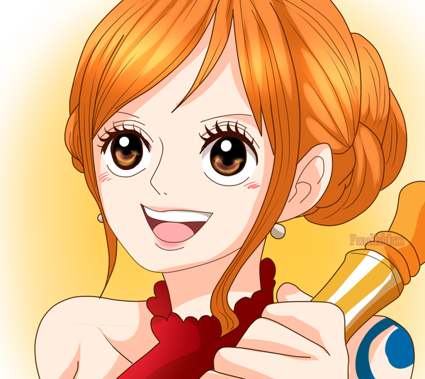 Anime picture 1153x1030 with one piece toei animation nami (one piece) fanalishiro single blush fringe short hair open mouth simple background smile bare shoulders holding brown eyes signed payot looking away upper body :d lips