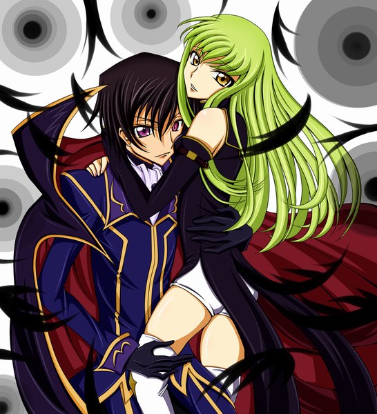 Anime picture 1073x1179 with code geass sunrise (studio) c.c. lelouch lamperouge ccllsaikou long hair tall image fringe short hair black hair hair between eyes purple eyes yellow eyes green hair couple hug girl boy