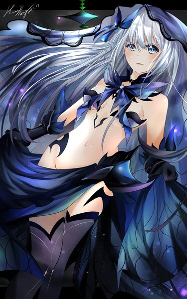 Anime picture 1200x1920 with date a live tobiichi origami kellyliao33 single long hair tall image looking at viewer blush fringe breasts blue eyes light erotic hair between eyes standing bare shoulders signed silver hair light smile shiny skin girl