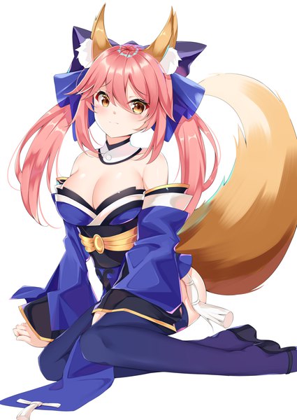 Anime picture 2150x3035 with fate (series) fate/extra tamamo (fate) (all) tamamo no mae (fate) tming single long hair tall image looking at viewer blush fringe highres breasts light erotic simple background hair between eyes large breasts white background sitting bare shoulders