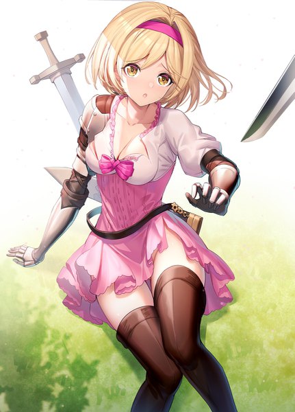 Anime picture 863x1200 with granblue fantasy gita (granblue fantasy) ririko (zhuoyandesailaer) single tall image looking at viewer blush fringe short hair breasts open mouth light erotic blonde hair hair between eyes sitting yellow eyes bent knee (knees) head tilt arm support :o