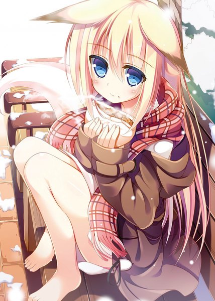 Anime picture 1315x1843 with nozomi tsubame single long hair tall image looking at viewer blush blue eyes blonde hair sitting animal ears bent knee (knees) tail animal tail barefoot scan bare legs fox ears fox tail fox girl winter