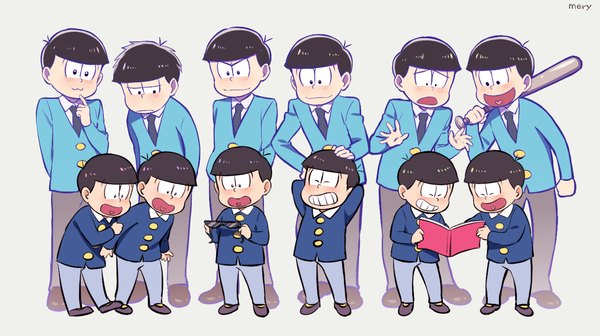 Anime picture 1300x730 with osomatsu-san matsuno osomatsu matsuno karamatsu matsuno ichimatsu matsuno choromatsu matsuno todomatsu matsuno juushimatsu mery (yangmalgage) blush short hair open mouth black hair simple background smile wide image signed full body grey background multiple boys teeth