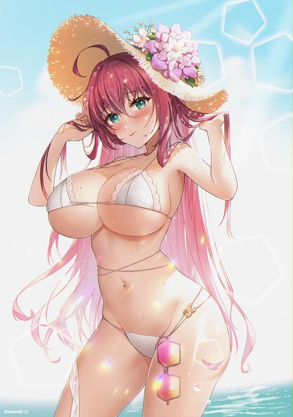 Anime picture 1247x1772 with azur lane surcouf (azur lane) surcouf (loisirs balneaires) (azur lane) melomelo d single long hair tall image looking at viewer blush fringe breasts light erotic hair between eyes large breasts standing green eyes signed ahoge red hair head tilt