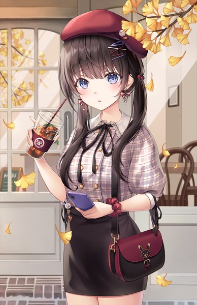 Anime picture 1500x2318 with original nowsicaa single long hair tall image looking at viewer blush fringe blue eyes brown hair standing twintails holding outdoors blunt bangs low twintails plaid wrist scrunchie girl skirt