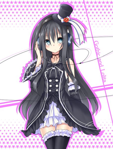 Anime picture 1000x1320 with original chabaneko single long hair tall image looking at viewer blue eyes black hair girl thighhighs dress black thighhighs hat detached sleeves frills headphones