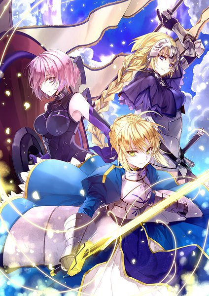 Anime picture 800x1131 with fate (series) fate/grand order fate/stay night fate/apocrypha artoria pendragon (all) saber jeanne d'arc (fate) (all) mash kyrielight jeanne d'arc (fate) ashita long hair tall image looking at viewer fringe short hair breasts blonde hair smile hair between eyes purple eyes