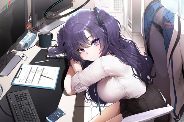 Anime picture 5424x3600 with blue archive yuuka (blue archive) doyoon 7 single long hair fringe highres breasts light erotic large breasts sitting purple eyes looking away absurdres purple hair indoors from above two side up turning head steam
