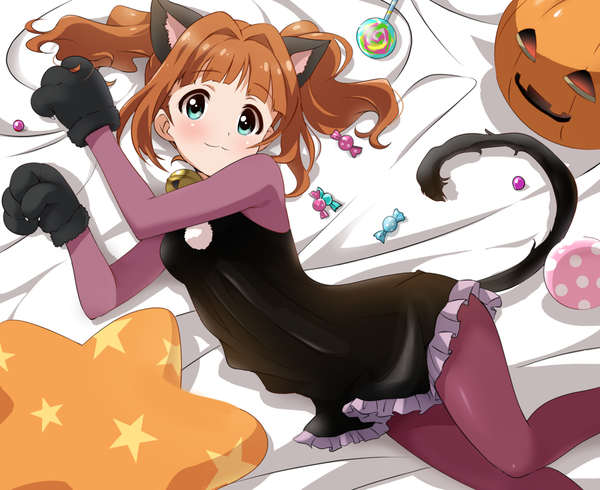 Anime picture 1200x980 with idolmaster idolmaster cinderella girls takatsuki yayoi tokiani single long hair looking at viewer blush breasts blue eyes smile brown hair twintails animal ears bent knee (knees) lying from above cat ears alternate costume short twintails
