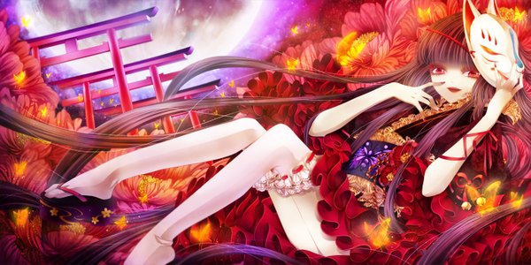 Anime picture 1400x700 with original rinko (mg54) single long hair black hair red eyes wide image japanese clothes mask on head girl thighhighs flower (flowers) white thighhighs moon obi mask