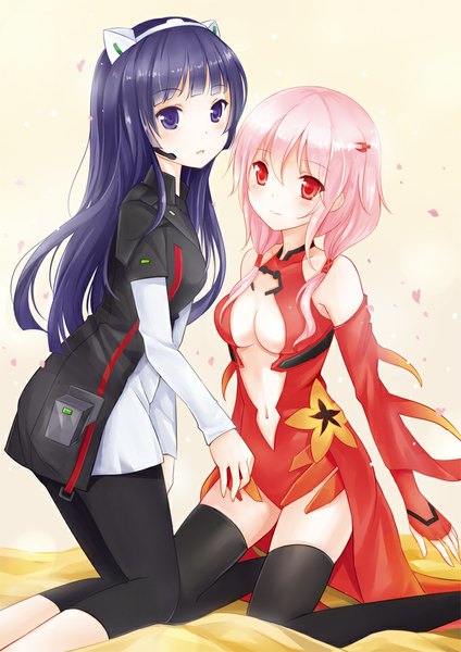 Anime picture 707x1000 with guilty crown production i.g yuzuriha inori tsugumi nikoo long hair tall image blush breasts blue eyes light erotic red eyes white background multiple girls blue hair pink hair center opening girl thighhighs black thighhighs