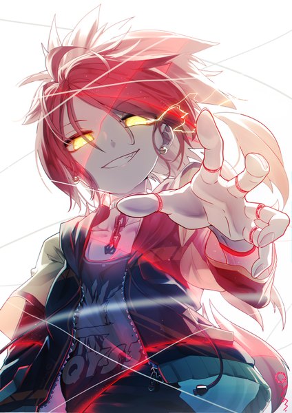 Anime picture 1100x1556 with original tian ling (qys3) qys3 single long hair tall image looking at viewer fringe smile hair between eyes white background signed yellow eyes red hair open jacket grin glowing glowing eye (eyes) outstretched hand crazy smile