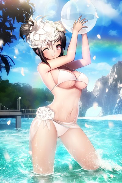Anime picture 2000x3000 with original rheez (artist) single tall image looking at viewer highres short hair breasts light erotic black hair standing brown eyes sky cloud (clouds) one eye closed wink underboob arched back girl navel