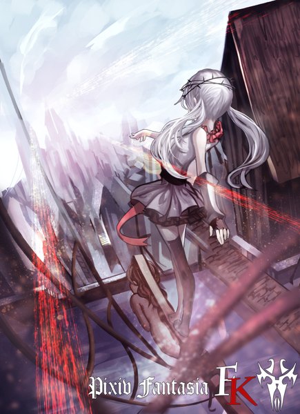 Anime picture 2500x3447 with original pixiv fantasia pixiv fantasia fallen kings baka (mh6516620) single long hair tall image highres twintails bare shoulders white hair girl thighhighs dress gloves black thighhighs fingerless gloves roof